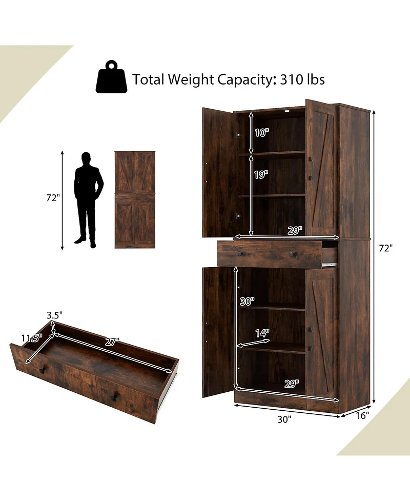 Costway 72" Tall Kitchen Pantry Modern Farmhouse Cupboard Cabinet with 4 Barn Doors