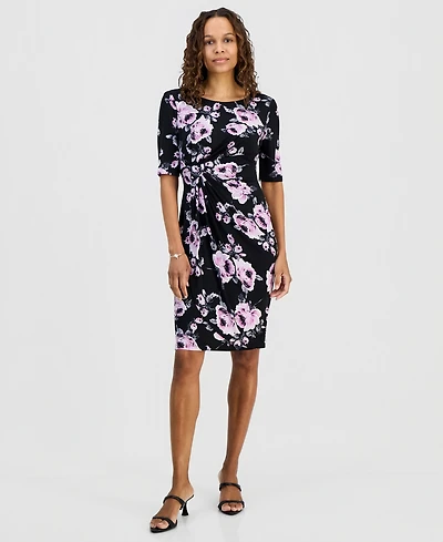 Connected Petite Floral Twist-Front Elbow-Sleeve Dress