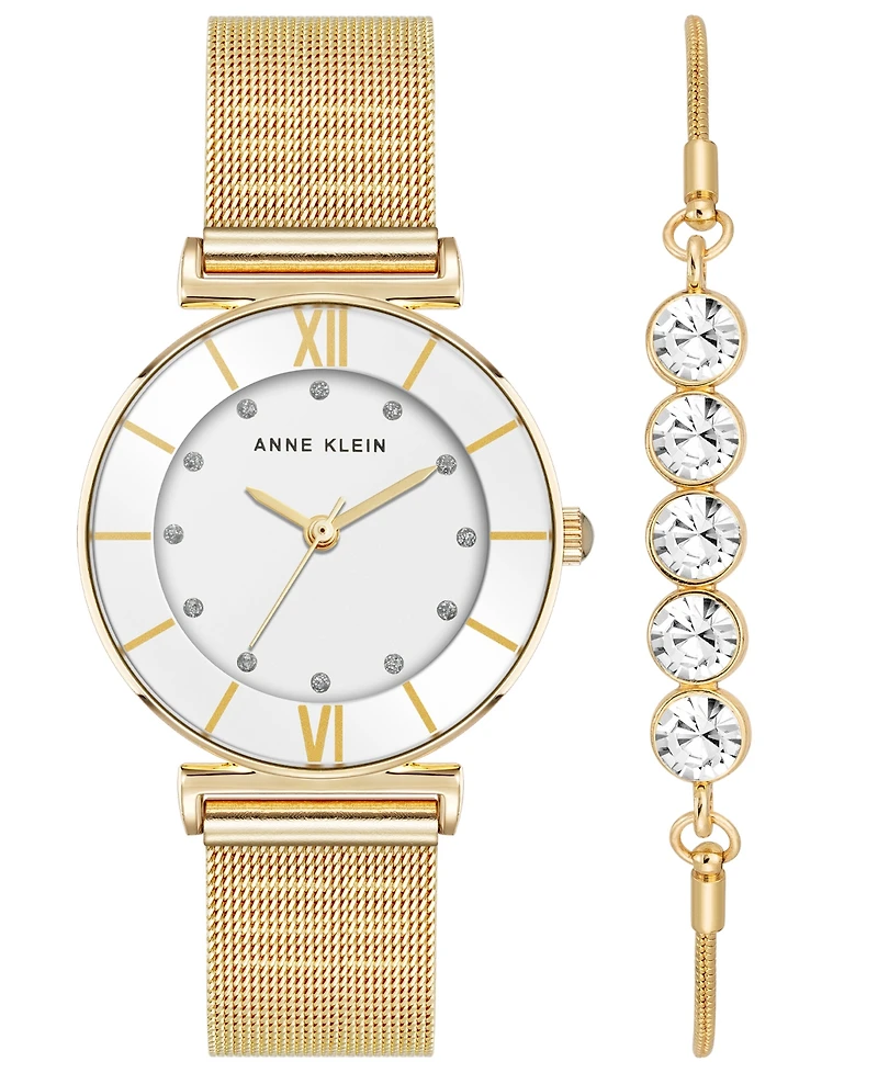 Anne Klein Women's Quartz Round Gold-Tone Stainless Steel Mesh Watch Set, 32mm