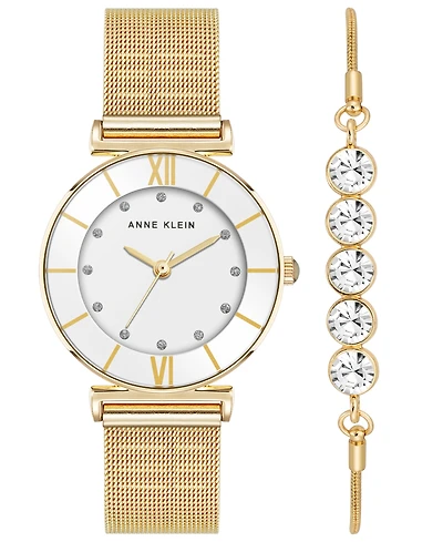 Anne Klein Women's Quartz Round Gold-Tone Stainless Steel Mesh Watch Set, 32mm