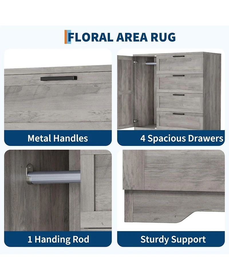 gaomon 4-Drawer Modern Wood Dresser with Wardrobe Closet, Hanging Rod Storage Cabinet for Bedroom, Multifunctional Armoire Organizer