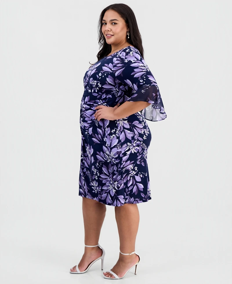 Connected Plus Floral Side-Ruched 3/4-Sleeve Dress