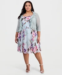 Connected Plus 2-Pc. Floral Chiffon Sleeveless Dress and Ruffle-Front Jacket