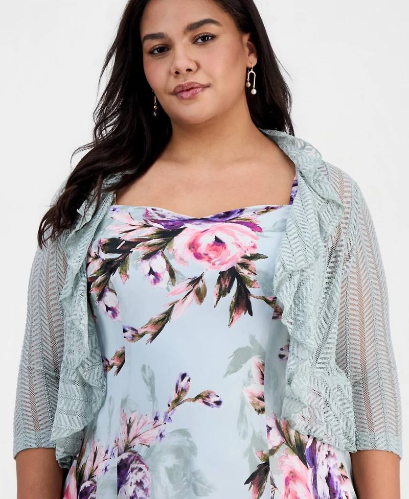 Connected Plus 2-Pc. Floral Chiffon Sleeveless Dress and Ruffle-Front Jacket