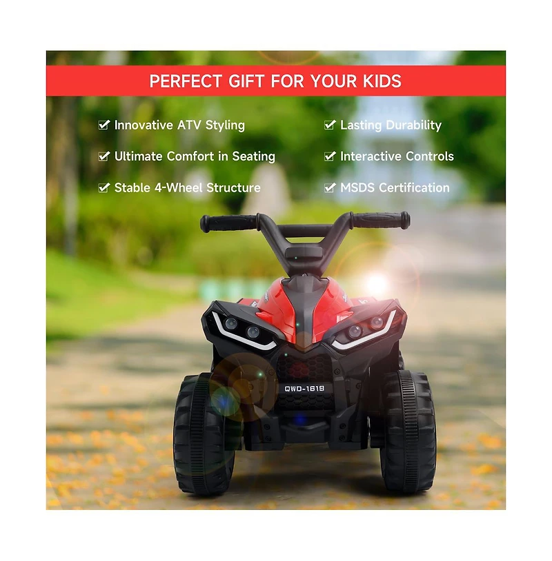 Bruce & Shark 12V Kids Electric Ride-On Car, Atv Style with Led Light, Music & Safety Belt