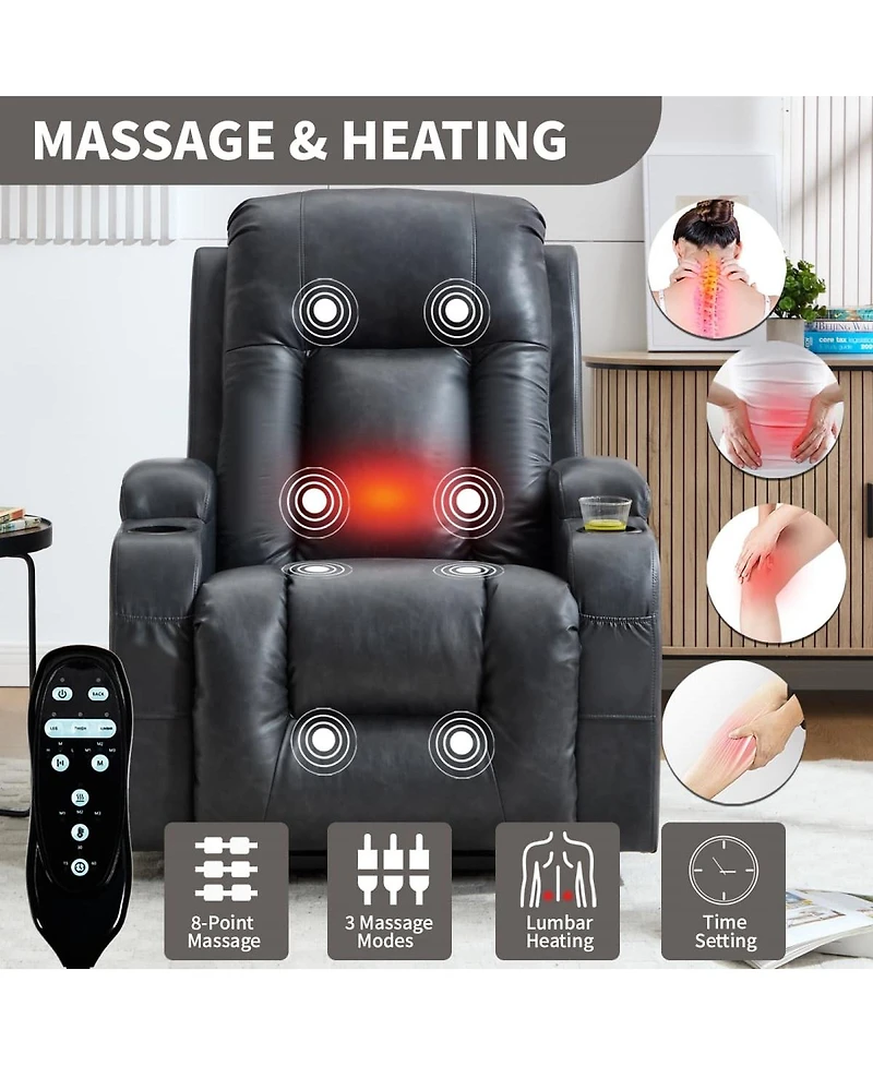 Maison Boucle Faux Leather Power Lift Recliner for Elderly with Massage & Heat, Infinite Position Chair Usb, Cup Holders, Heavy-Duty Base