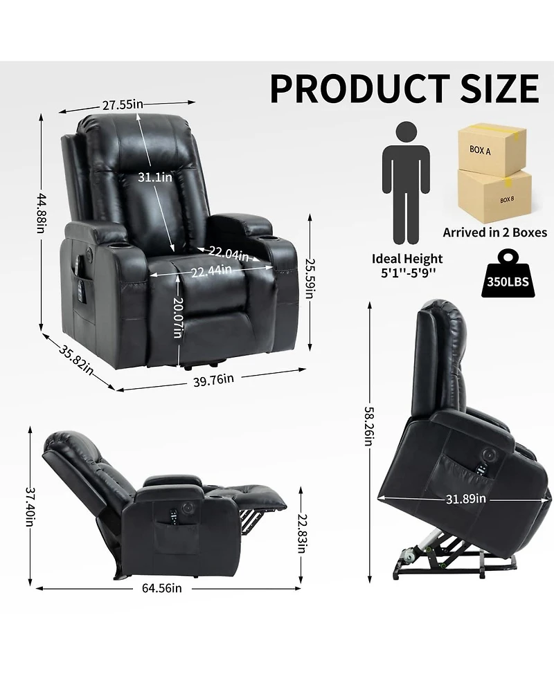 Maison Boucle Faux Leather Power Lift Recliner for Elderly with Massage & Heat, Infinite Position Chair Usb, Cup Holders, Heavy-Duty Base