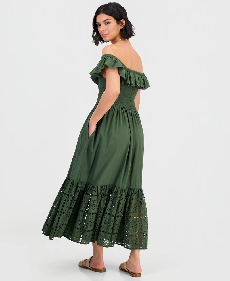 Dotti Women's Off-The-Shoulder Flounced Smocked Midi Dress