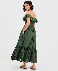 Dotti Women's Off-The-Shoulder Flounced Smocked Midi Dress