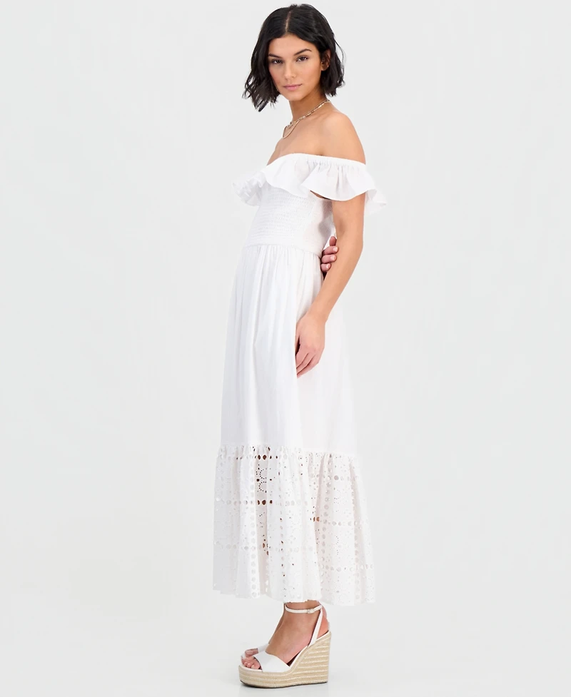Dotti Women's Off-The-Shoulder Flounced Smocked Midi Dress