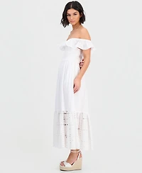 Dotti Women's Off-The-Shoulder Flounced Smocked Midi Dress