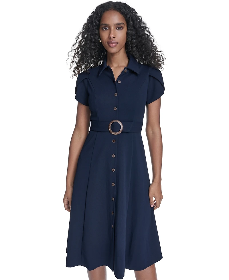 Calvin Klein Petite Tulip-Sleeve Belted Crepe Shirt Dress