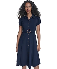 Calvin Klein Petite Tulip-Sleeve Belted Crepe Shirt Dress