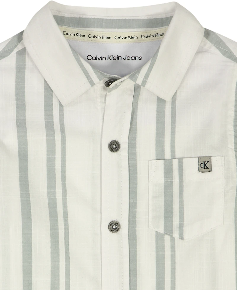 Calvin Klein Boys' Toddler 2T-4T Striped Short-Sleeve Shirt and Twill Shorts, 2-Piece Set