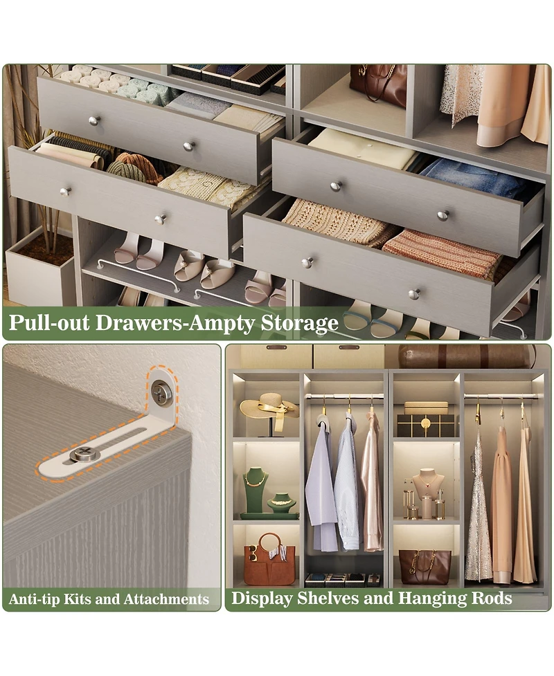 Aheaplus 28'' Freestanding Closet Storage System with 2 Drawers, Tower Hanging Rod, Shelves & Adjustable Shoe Racks