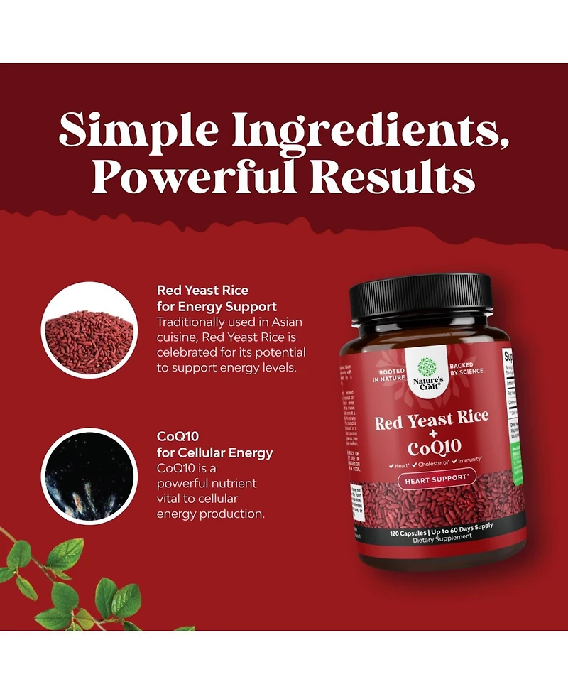 Nature's Craft Red Yeast Rice + CoQ10 Capsules, Nature's Craft, 120ct