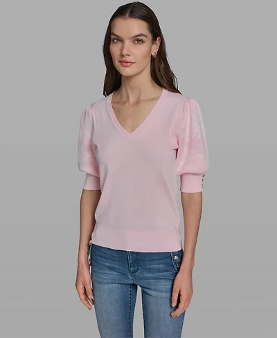 Karl Lagerfeld Paris Petite Floral Print V-Neck Sweater