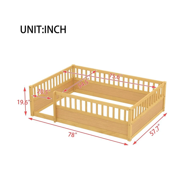Cesicia Montessori Wooden Floor Bed with Safety Fence Kids Low Profile Play Bed Frame for Bedroom & Playroom