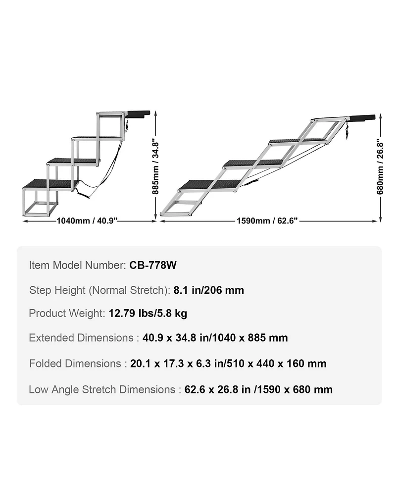 Cozito 4-Step Aluminum Folding Pet Stairs for Cars, Holds up to 250 lbs