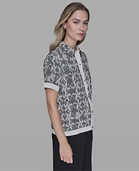 Karl Lagerfeld Paris Petite Printed Collared Camp Shirt