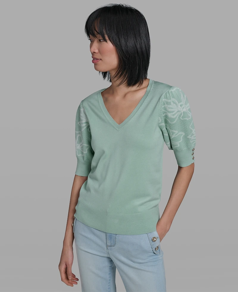 Karl Lagerfeld Paris Petite Floral Print V-Neck Sweater
