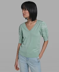 Karl Lagerfeld Paris Petite Floral Print V-Neck Sweater
