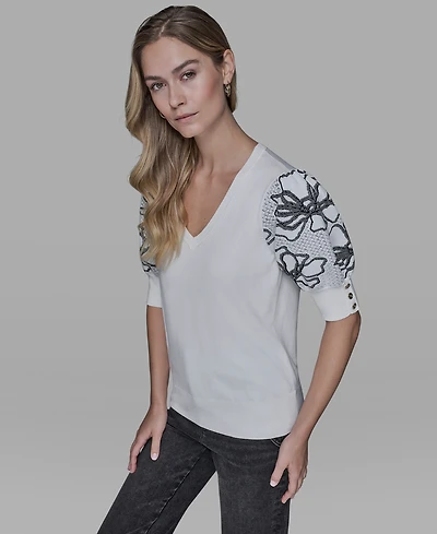 Karl Lagerfeld Paris Petite Floral Print V-Neck Sweater