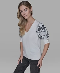 Karl Lagerfeld Paris Petite Floral Print V-Neck Sweater