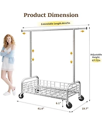 Raybee Rolling Clothing Rack with Storage Basket and Sturdy Wheels, Clothing Racks for Hanging Clothes, Wardrobe Closet Rack for Bedroom, Boutiques