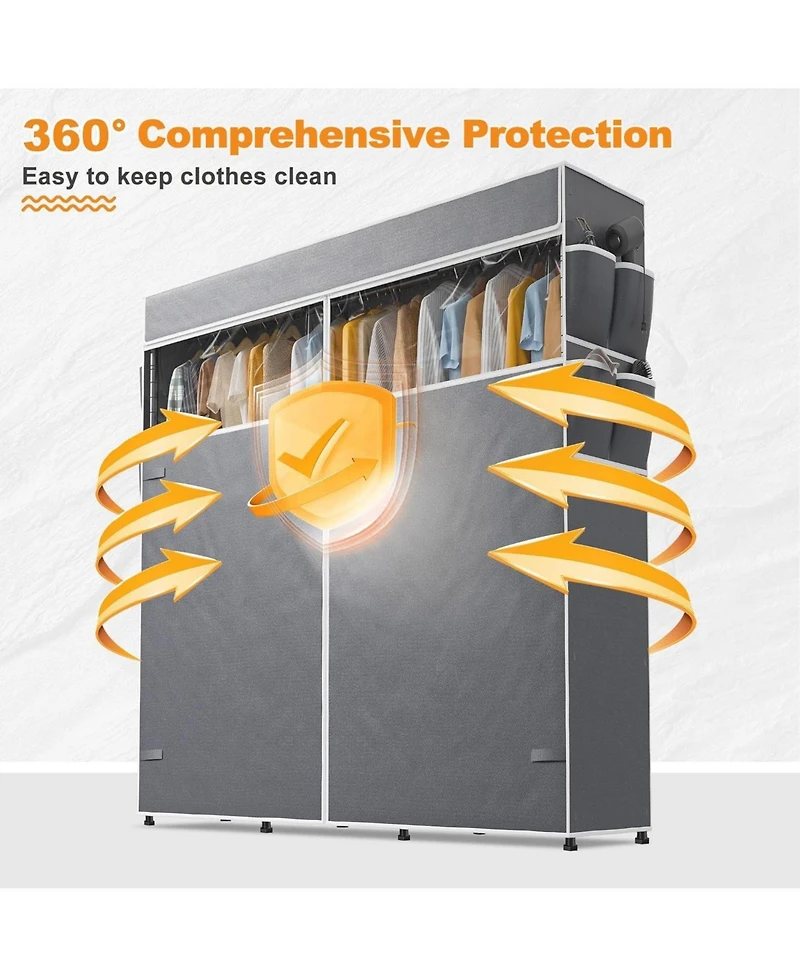 Raybee Clothes Rack with Cover, 81" H Clothing Racks for Hanging Clothes, Portable Closet with Wheels, Side Pockets and Adjustable Feets for Bedr