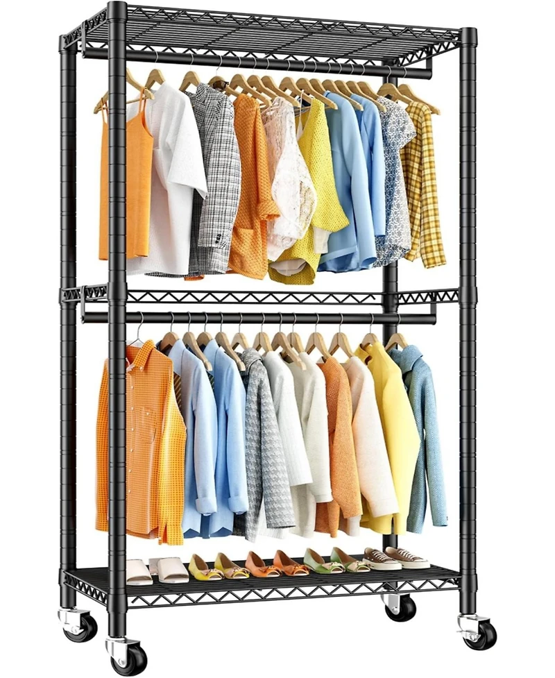 Raybee Clothing Rack with Wheels,Clothes Rack for Hanging Clothes,Portable Closet,2 Shelves