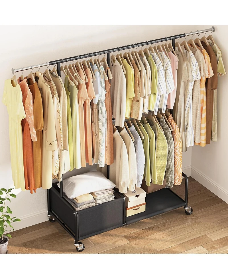Raybee Clothes Racks for Hanging Clothes with Shelves, Adjustable Clothing Rack with Lockable Wheels, Multi-Functional Closet Rack