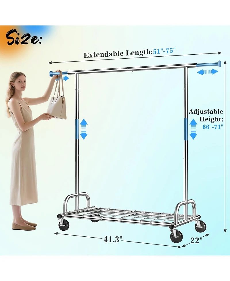 Raybee Heavy Duty Clothes Rack Load 480LBS,Clothing Racks for Hanging Clothes,Adjustable Rolling Clothes Rack with Wheels,Garment Rack for Bedroom