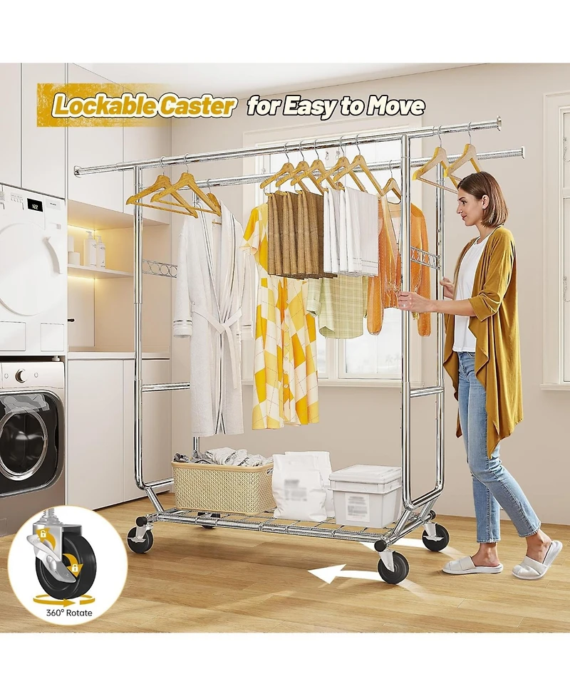 Raybee Clothes Rack Load 620 Lbs, Metal Garment Storage with Shelf & Sturdy Wheels, Rolling Clothing Rack