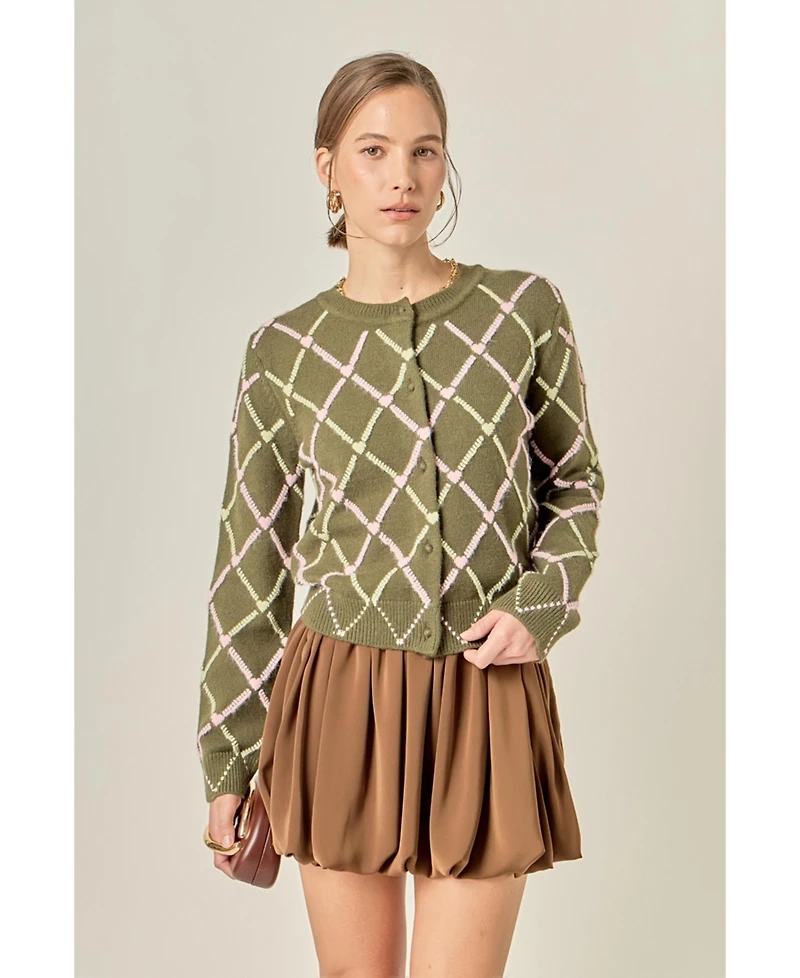 English Factory Women's Diamond Heart Pattern Knit Cardigan