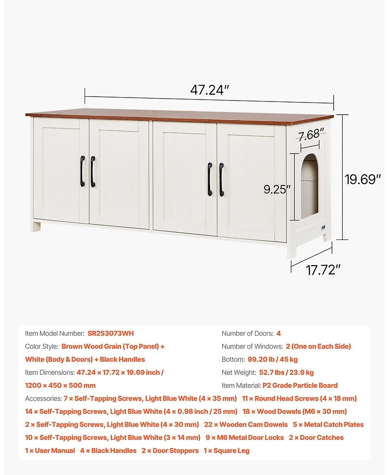 Cozito 4-Door Wooden Litter Box Enclosure for Multi-Cats, 47.2", Brown & White