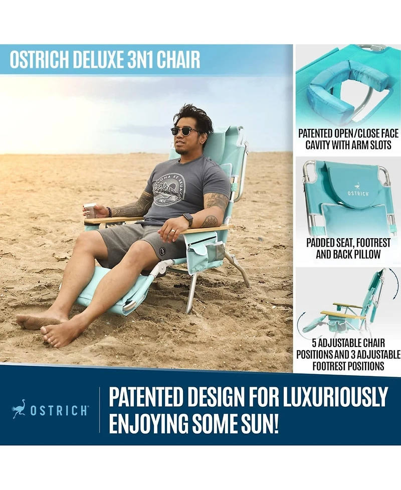 Ostrich Deluxe 3N1 Lightweight Outdoor Beach Lounge Chair w/Footrest, Aqua