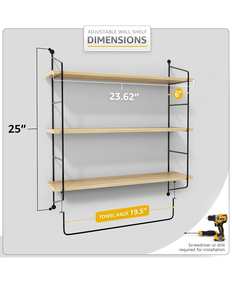 Sorbus 3-Tier Wooden Floating Shelves with Metal Brackets