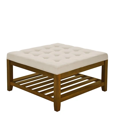 sumyeg Ivory Upholstered Square Ottoman Coffee Table with Tufted Linen and Beech Wood Shelf