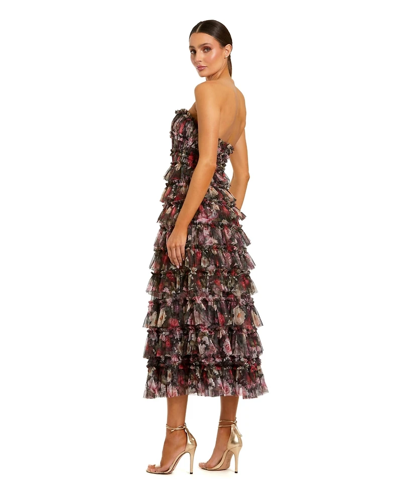 Mac Duggal Women's Strapless Micro Ruffle A Line Midi Dress