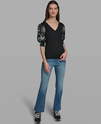 Karl Lagerfeld Paris Petite Floral Print V-Neck Sweater
