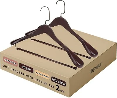 Bp4u Premium Wide Shoulder Wooden Suit Hangers Heavy Duty Solid Wood Coat Hangers With Locking Pants Bar For Suits Jackets Shirts