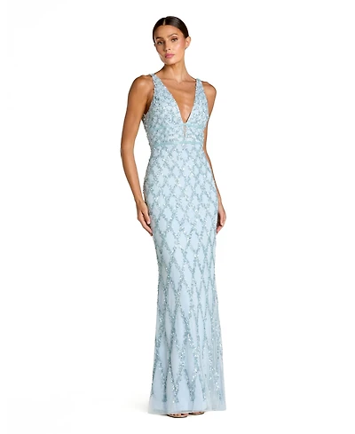 Women's Sequined Plunge Neck Sleeveless Column Gown