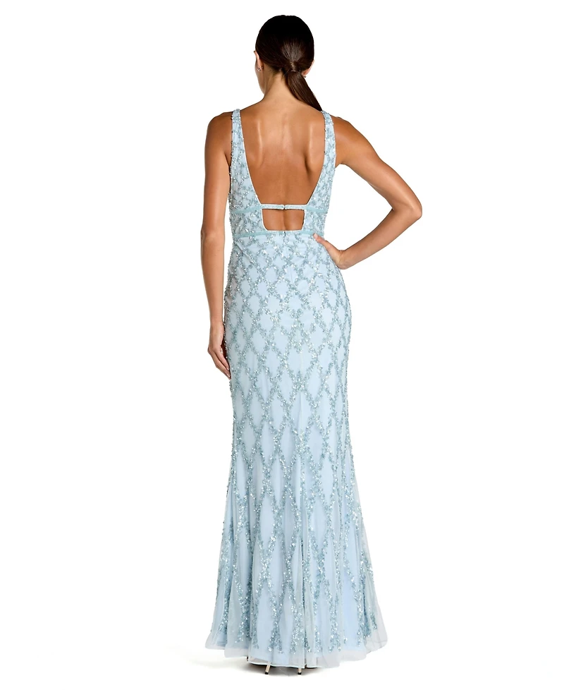 Women's Sequined Plunge Neck Sleeveless Column Gown
