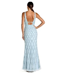 Women's Sequined Plunge Neck Sleeveless Column Gown