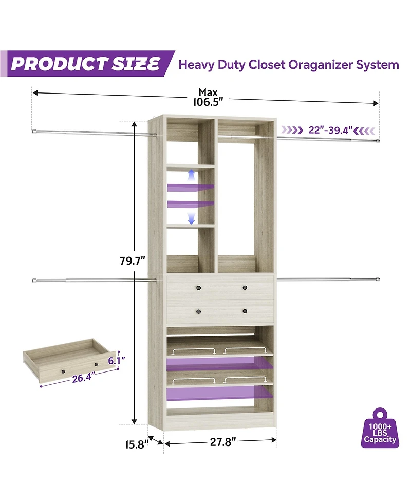 Aheaplus 2.4-8 Ft Wide Adjustable Closet Organizer, System with 2 Drawers, 5 Hanging Rods, Shoe Racks and Shelves