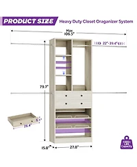 Aheaplus 2.4-8 Ft Wide Adjustable Closet Organizer, System with 2 Drawers, 5 Hanging Rods, Shoe Racks and Shelves