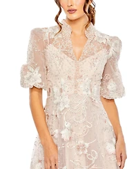 Mac Duggal Women's Embroidered Queen Anne Puff Sleeve A-Line Gown