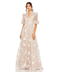 Mac Duggal Women's Embroidered Queen Anne Puff Sleeve A-Line Gown