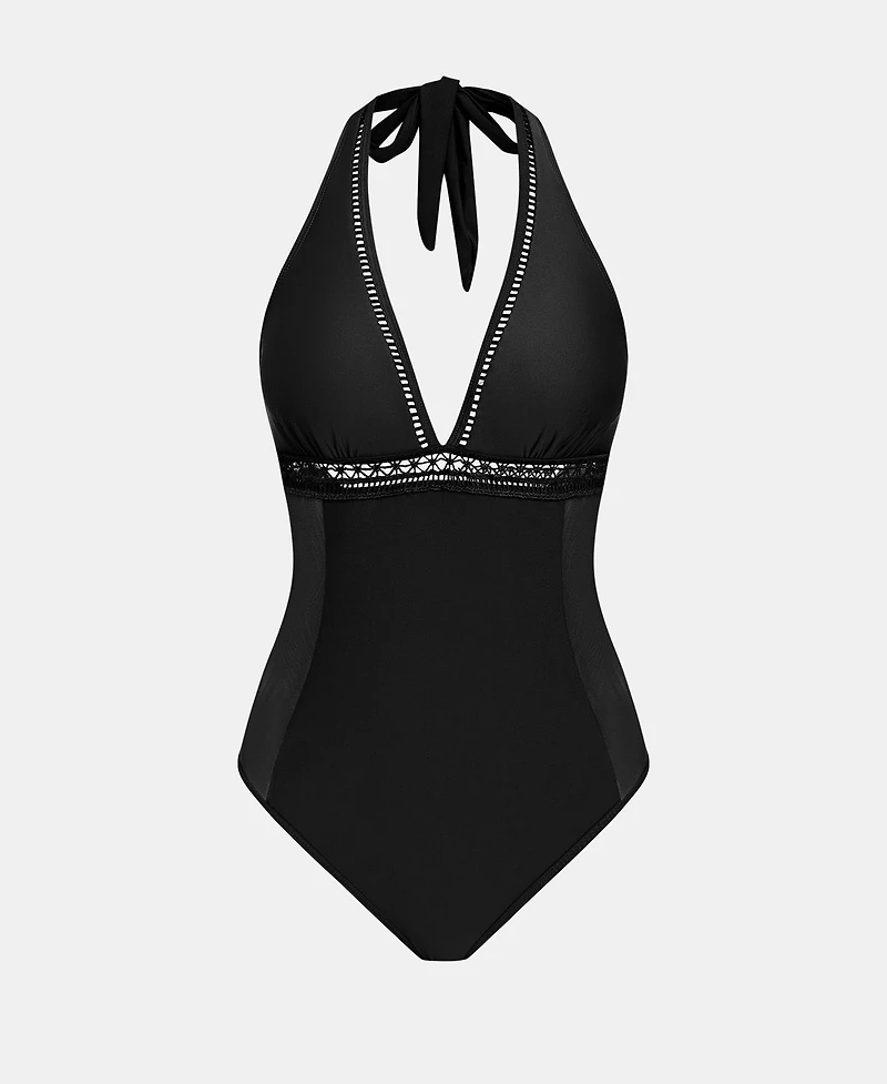 Cupshe Women's V-Neck Halter One-Piece Swimsuit with Mesh Trim